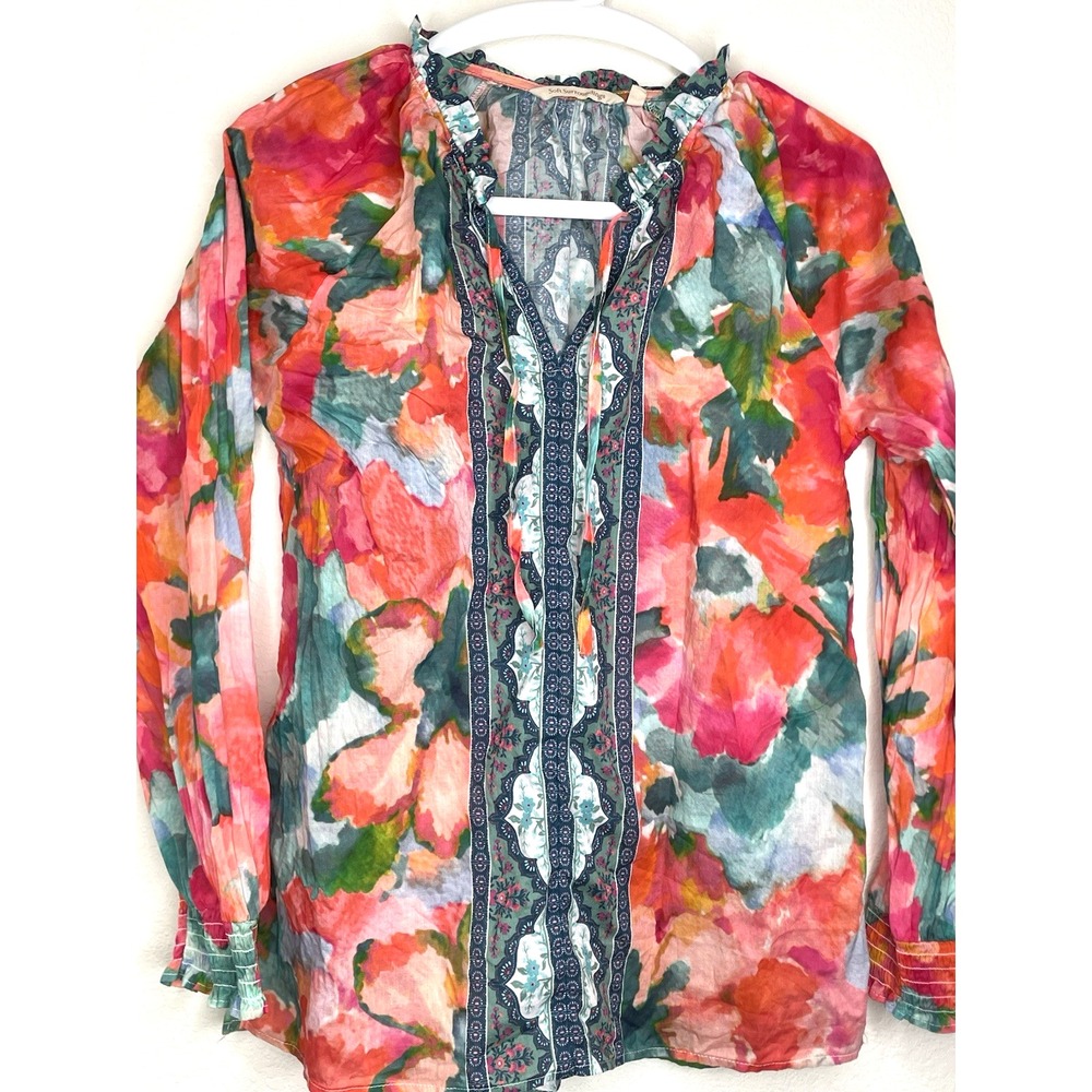 Soft‎ Surroundings Blouse Women's Small Multicolor Floral Long Sleeve Top Boho - Picture 2 of 11